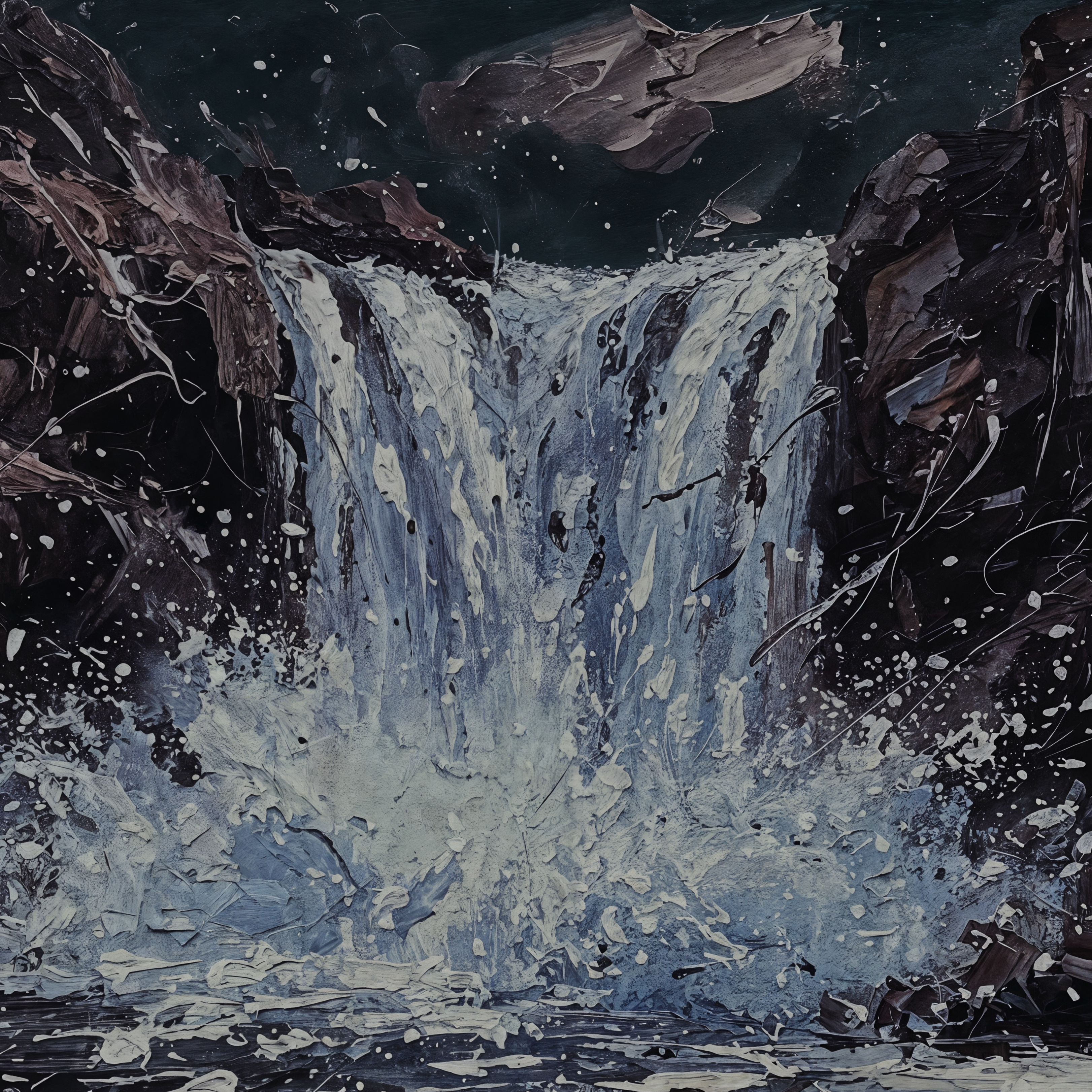 Expressionist painting of a pale blue waterfall cutting through dark rocky forms